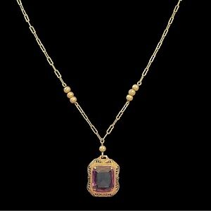 Vintage Gold Filled Art Deco Filigree Purple Glass Necklace 26.25”
